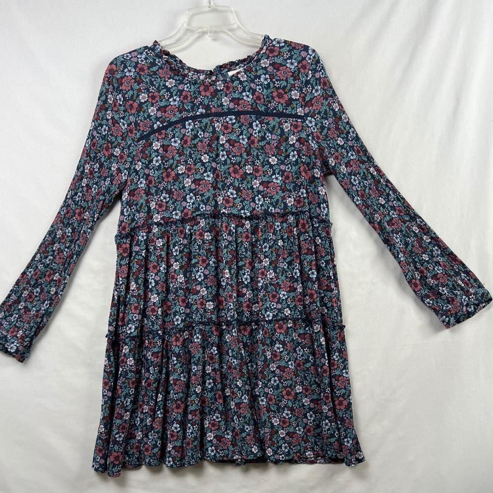 Knox Rose Floral Tiered Dress Womens Medium Shift Navy Blue Long Sleeve Boho